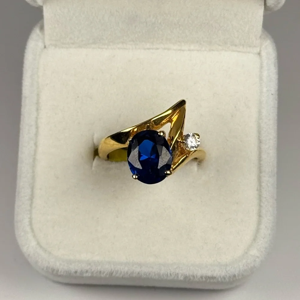 14K Gold Electroplated Blue CZ Ring Size 7 Sapphire Cubic Zirconia NEW